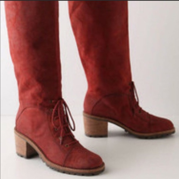 Anthropologie Shoes - Tall Red Suede Lug Sole Boots with Laces